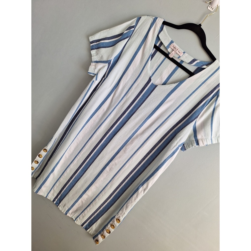 Harlow Rose Women Flax Blend Vneck Shirt Dress Womens‎ 2X Blue Striped Coastal